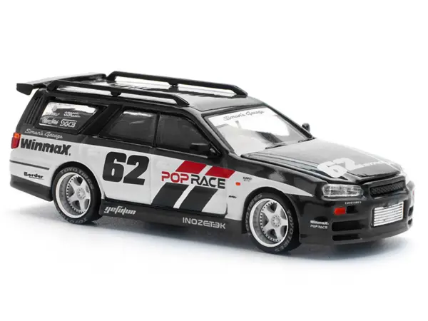 GT-R Stagea RHD (Right Hand Drive) #62 "Simon's Garage" Black with White Sides 1/64 Diecast Model Car by Pop Race #2