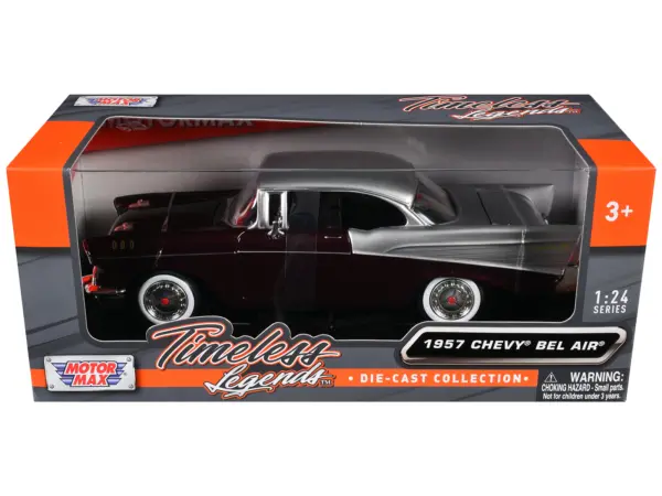 1957 Chevrolet Bel Air Burgundy Metallic and Silver Metallic "Timeless Legends" Series 1/24 Diecast Model Car by Motormax #1