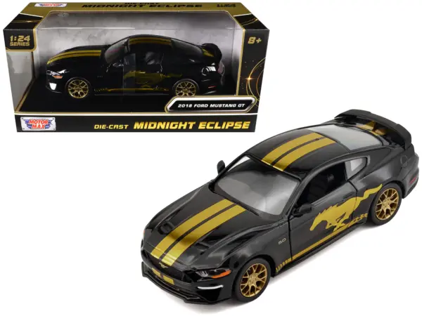 2018 Ford Mustang GT 5.0 Black with Gold Stripes and Graphics "Midnight Eclipse" Series 1/24 Diecast Model Car by Motormax #1