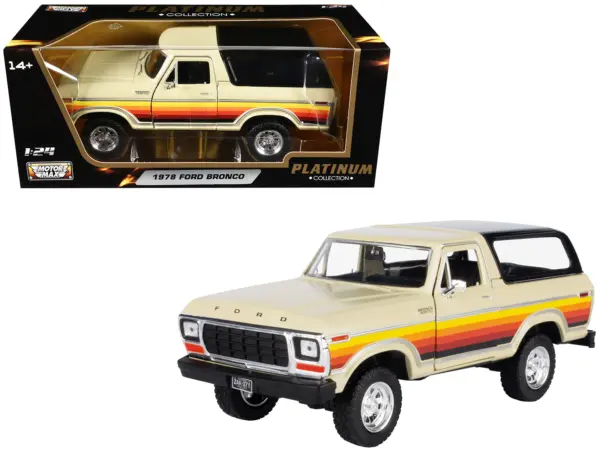 1978 Ford Bronco Custom Cream with Stripes and Black Top "Platinum Collection" Series 1/24 Diecast Model Car by Motormax #1