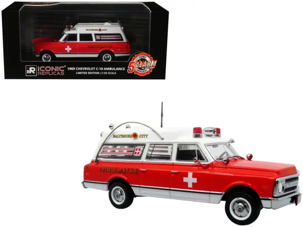 1969 Chevrolet C-10 Ambulance "Baltimore City Fire Department" White and Red "5 Alarm" Series Limited Edition 1/50 Diecast Model by Iconic Replicas #1