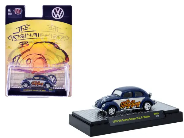1953 Volkswagen Beetle Deluxe USA Model "The Slug Bug" Blue Metallic with White Sides Limited Edition to 5566 pieces Worldwide 1/64 Diecast Model Car by M2 Machines #1