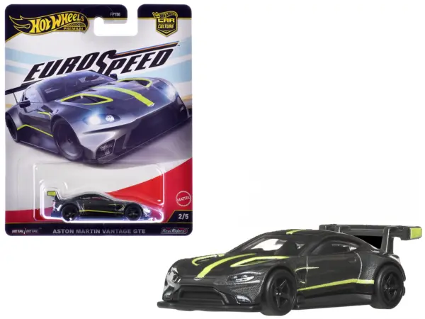 Aston Martin Vantage GTE Dark Gray Metallic with Lime Green Stripes "Euro Speed" Series Diecast Model Car by Hot Wheels #1