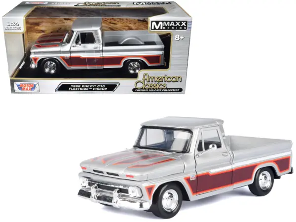 1966 Chevrolet C10 Fleetside Pickup Truck Silver Metallic with Brown Sides "American Classics" Series 1/24 Diecast Model Car by Motormax #1