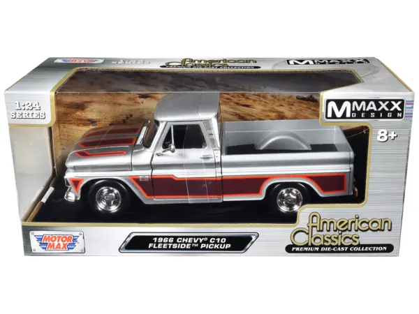 1966 Chevrolet C10 Fleetside Pickup Truck Silver Metallic with Brown Sides "American Classics" Series 1/24 Diecast Model Car by Motormax #3