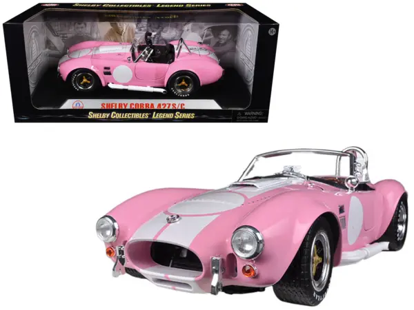 1965 Shelby Cobra 427 S/C Pink with White Stripes with Printed Carroll Shelby Signature's on the Trunk 1/18 Diecast Model Car by Shelby Collectibles #1