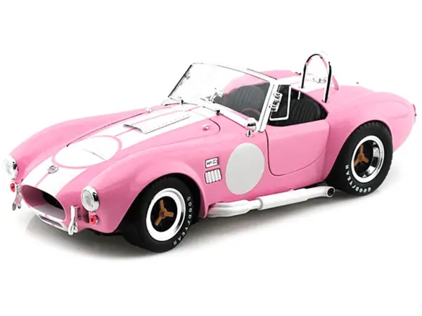 1965 Shelby Cobra 427 S/C Pink with White Stripes with Printed Carroll Shelby Signature's on the Trunk 1/18 Diecast Model Car by Shelby Collectibles #2