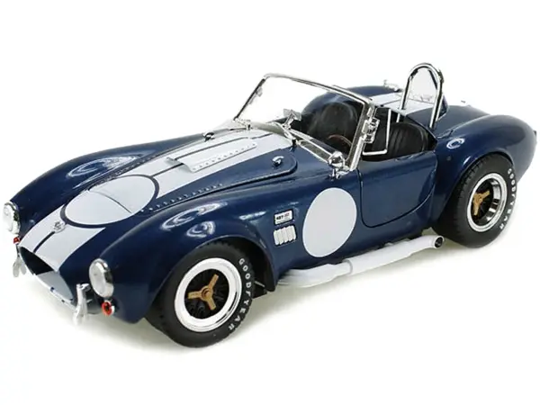 1965 Shelby Cobra 427 S/C Dark Blue Metallic with White Stripes with Printed Carroll Shelby's Signature on the Trunk 1/18 Diecast Model Car by Shelby Collectibles #2