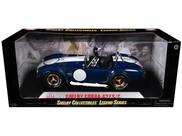 1965 Shelby Cobra 427 S/C Dark Blue Metallic with White Stripes with Printed Carroll Shelby's Signature on the Trunk 1/18 Diecast Model Car by Shelby Collectibles #3