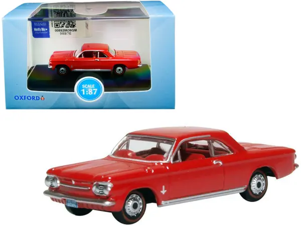 1963 Chevrolet Corvair Coupe Riverside Red with Red Interior 1/87 (HO) Scale Diecast Model Car by Oxford Diecast #1