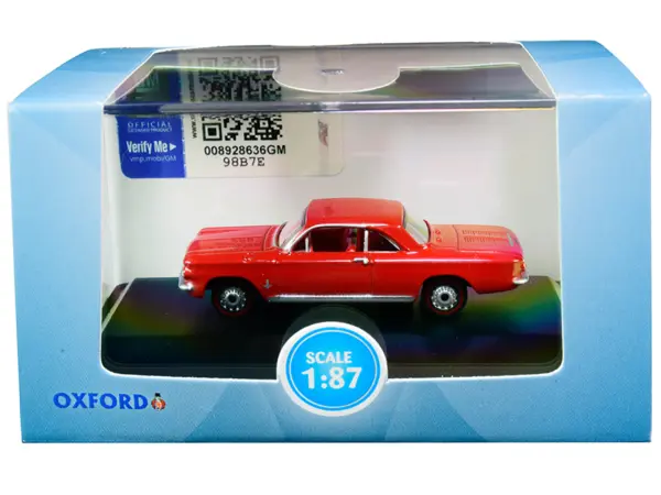 1963 Chevrolet Corvair Coupe Riverside Red with Red Interior 1/87 (HO) Scale Diecast Model Car by Oxford Diecast #3