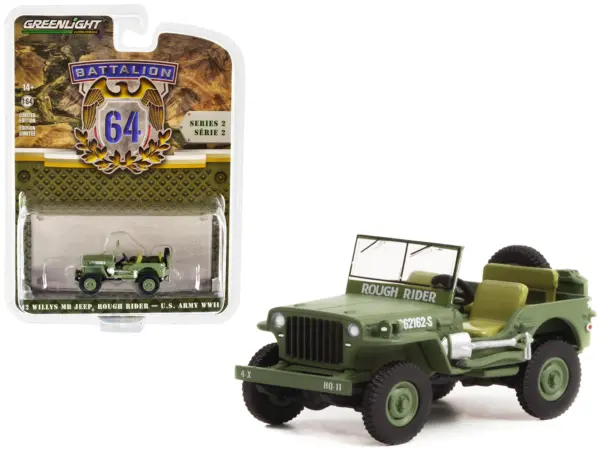 1942 Willys MB Jeep #20362162-S Green "U.S. Army World War II - Rough Rider" "Battalion 64" Release 2 1/64 Diecast Model Car by Greenlight #1