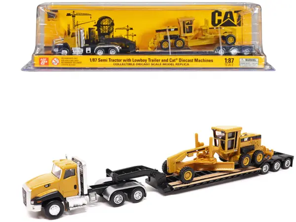 CAT Caterpillar CT660 Day Cab Tractor Yellow with Lowboy Trailer and CAT 163H Motor Grader Yellow 1/87 (HO) Diecast Model by Diecast Masters #1