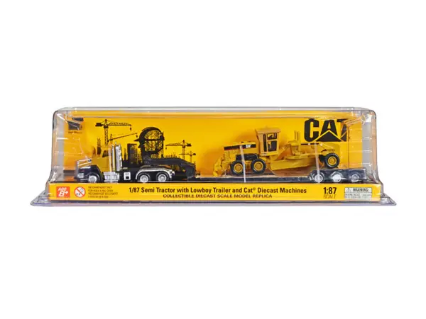 CAT Caterpillar CT660 Day Cab Tractor Yellow with Lowboy Trailer and CAT 163H Motor Grader Yellow 1/87 (HO) Diecast Model by Diecast Masters #3