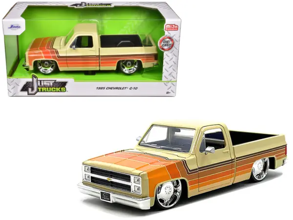 1985 Chevrolet C-10 Pickup Truck Beige with Stripes and Lowenhart Wheels "Just Trucks" Series 1/24 Diecast Model Car by Jada #1