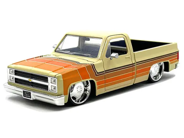 1985 Chevrolet C-10 Pickup Truck Beige with Stripes and Lowenhart Wheels "Just Trucks" Series 1/24 Diecast Model Car by Jada #2