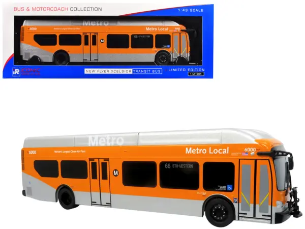 New Flyer Xcelsior Transit Bus Bank "Los Angeles Metro" Orange and Silver "The Bus & Motorcoach Collection" Limited Edition to 504 Pieces Worldwide 1/43 Model by Iconic Replicas #1