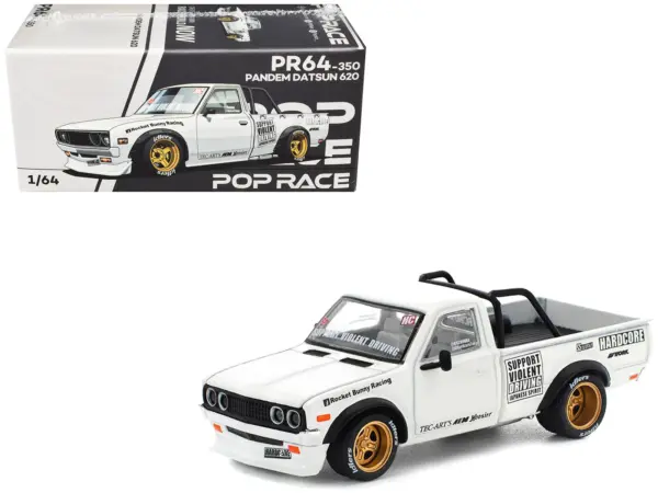 Datsun Pandem 620 Pickup Truck "Rocket Bunny Racing" White with Graphics 1/64 Diecast Model Car by Pop Race #1