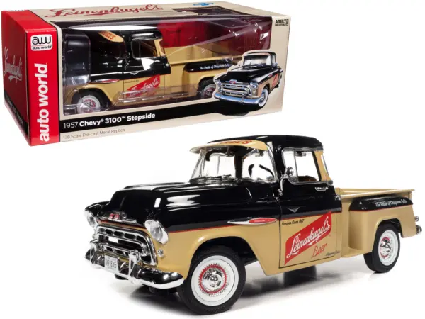 1957 Chevrolet 3100 Stepside Pickup Truck Black and Tan with Graphics "Leinenkugle's Beer The Pride of Chippewa Falls" 1/18 Diecast Model by Auto World #1