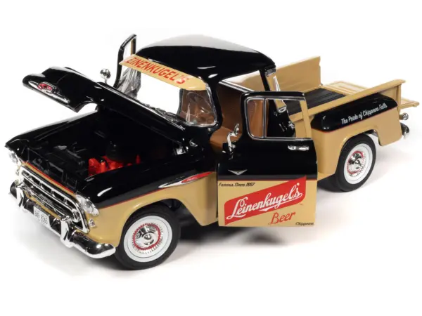 1957 Chevrolet 3100 Stepside Pickup Truck Black and Tan with Graphics "Leinenkugle's Beer The Pride of Chippewa Falls" 1/18 Diecast Model by Auto World #2