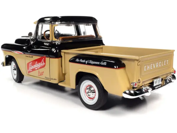 1957 Chevrolet 3100 Stepside Pickup Truck Black and Tan with Graphics "Leinenkugle's Beer The Pride of Chippewa Falls" 1/18 Diecast Model by Auto World #5