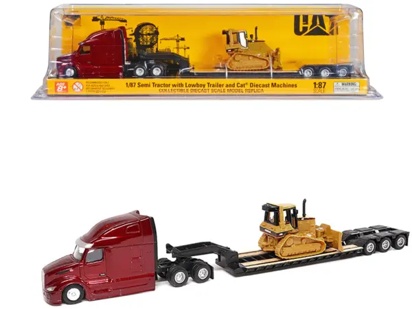 Peterbilt 579 UltraLoft Tandem Tractor Red Metallic with Lowboy Trailer and CAT D5M Dozer Yellow 1/87 (HO) Diecast Model by Diecast Masters #1