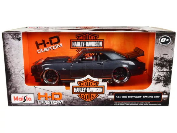 1968 Chevrolet Camaro Z/28 Dark Gray Metallic with Black and Orange Stripes "Harley Davidson" "H-D Custom" 1/24 Diecast Model Car by Maisto #1