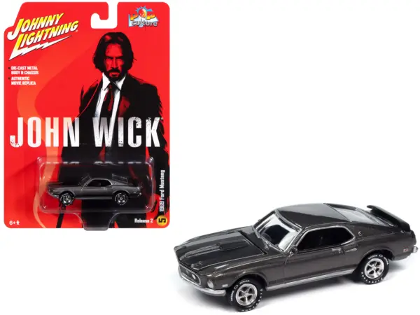 1969 Ford Mustang Mach I Gray Metallic with Black Stripes "John Wick" (2014) Movie "Pop Culture" 2024 Release 2 1/64 Diecast Model Car by Johnny Lightning #1