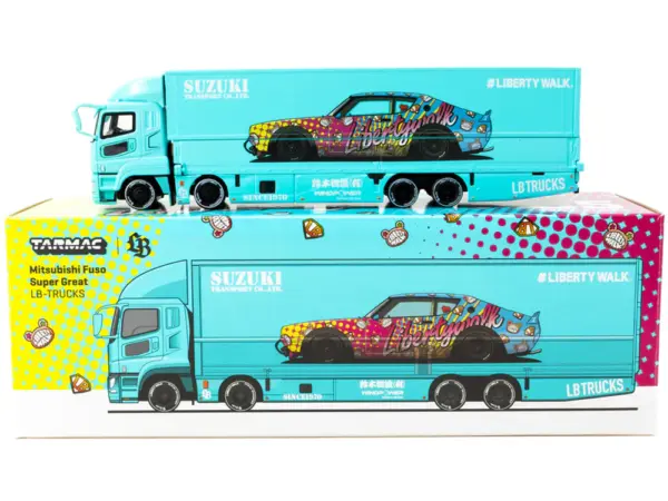 Mitsubishi Fuso Truck with Transporter "Liberty Walk - Suzuki Transport" Light Blue with Graphics "Truck64" Series 1/64 Diecast Model Car by Tarmac Works #3