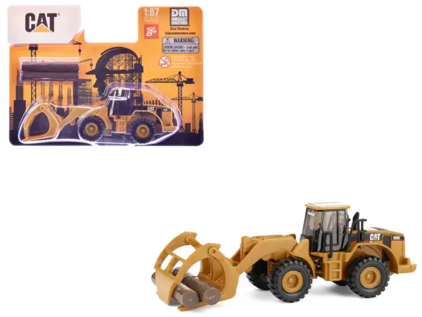 CAT Caterpillar 950G Wheel Loader Yellow with Log Fork and Wood Log Accessories 1/87 (HO) Diecast Model by Diecast Masters #1