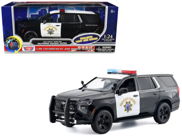 2025 Chevrolet Tahoe PPV "CHP (California Highway Patrol)" Black and White with Flashing Light Bar and Front and Rear Lights and Sounds 1/24 Diecast Model Car by Motormax #1