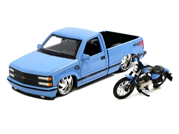 1993 Chevrolet 454 SS Pickup Truck "Harley Davidson" Light Blue and 2007 Harley-Davidson XL 1200N Nightster Motorcycle Light Blue "H-D Custom" Series 1/24 Diecast Model Car by Maisto #2