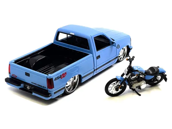 1993 Chevrolet 454 SS Pickup Truck "Harley Davidson" Light Blue and 2007 Harley-Davidson XL 1200N Nightster Motorcycle Light Blue "H-D Custom" Series 1/24 Diecast Model Car by Maisto #3