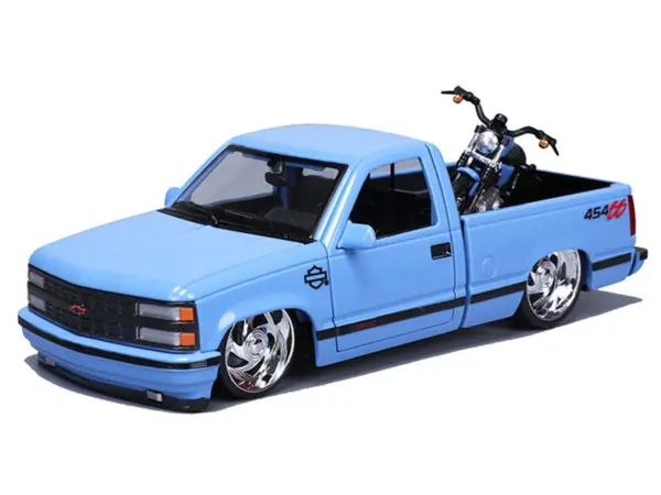 1993 Chevrolet 454 SS Pickup Truck "Harley Davidson" Light Blue and 2007 Harley-Davidson XL 1200N Nightster Motorcycle Light Blue "H-D Custom" Series 1/24 Diecast Model Car by Maisto #4