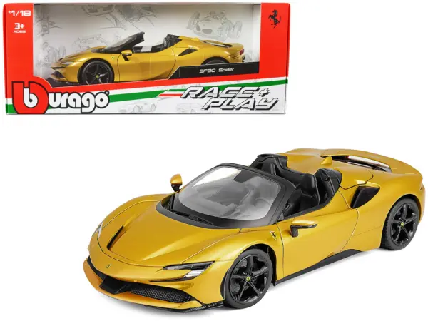 Ferrari SF90 Spider Gold Metallic "Race + Play" Series 1/18 Diecast Model Car by Bburago #1
