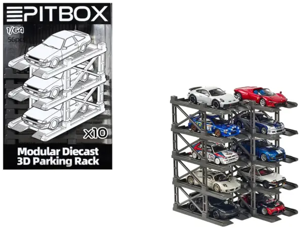 Modular Diecast 3D Parking Rack Display Stand Set of 10 Racks for 1/64 Scale Model Cars by Pitbox #1