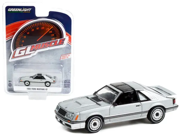 1982 Ford Mustang GT 5.0 Silver Metallic with Black Stripes "Greenlight Muscle" Series 26 1/64 Diecast Model Car by Greenlight #1