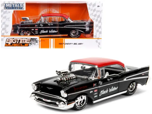 1957 Chevrolet Bel Air Black with Red Top "Pete's Auto Body: Black Widow" "Bigtime Muscle" Series 1/24 Diecast Model Car by Jada #1