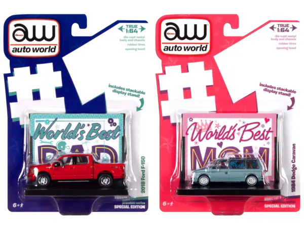 2018 Ford F-150 Pickup Truck Red and 1984 Dodge Caravan Minivan Blue Metallic "World's Best Mom and Dad" Set of 2 Pieces 1/64 Diecast Model Cars by Auto World #1