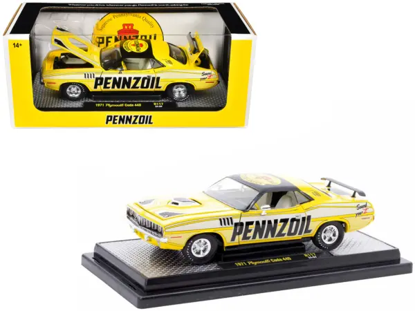 1971 Plymouth Barracuda 440 Yellow with Gray Stripes and Black Top "Pennzoil" Limited Edition to 6250 pieces Worldwide 1/24 Diecast Model Car by M2 Machines #1