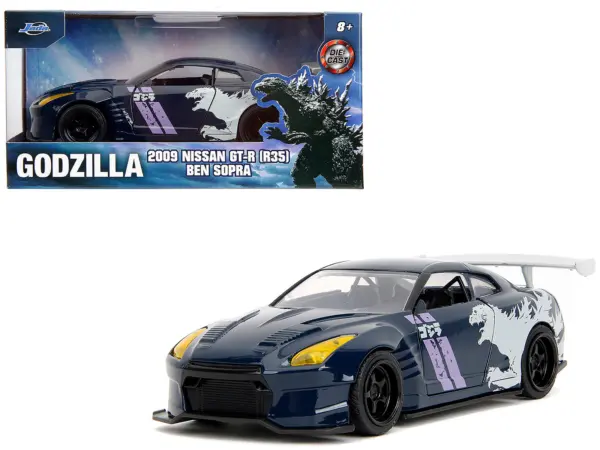 2009 Nissan GT-R (R35) Ben Sopra Dark Blue with Graphics "Godzilla" "Hollywood Rides" Series 1/32 Diecast Model Car by Jada #1