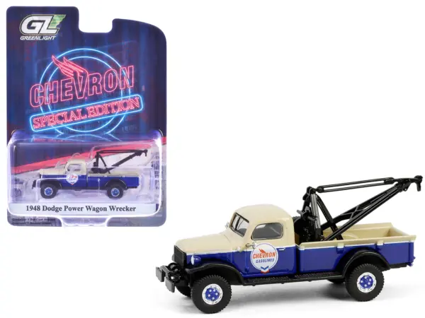 1948 Dodge Power Wagon Wrecker Tow Truck Beige and Blue "Chevron Special Edition" Series 1 1/64 Diecast Model Car by Greenlight #1