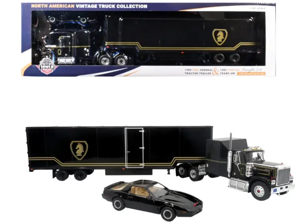 1980 GMC General Truck with Box Trailer Black with Gold Stripes and 1982 Pontiac Firebird Trans Am Black "Knight Set" "North American Vintage Truck Collection" Limited Edition to 252 pieces Worldwide 1/43 Diecast Model by Iconic Replicas #1
