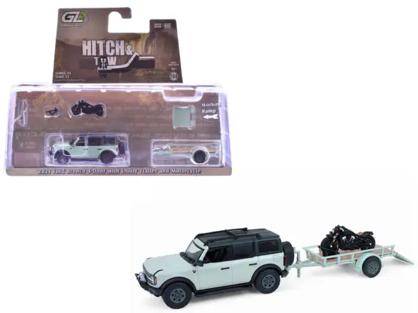 2021 Ford Bronco 4-Door Badlands Cactus Gray with Black Top and Motorcycle with Utility Trailer "Hitch & Tow" Series 33 1/64 Diecast Model Cars by Greenlight #1