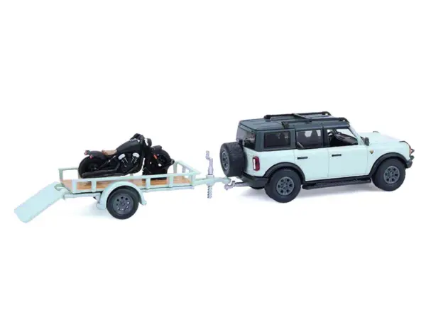 2021 Ford Bronco 4-Door Badlands Cactus Gray with Black Top and Motorcycle with Utility Trailer "Hitch & Tow" Series 33 1/64 Diecast Model Cars by Greenlight #3