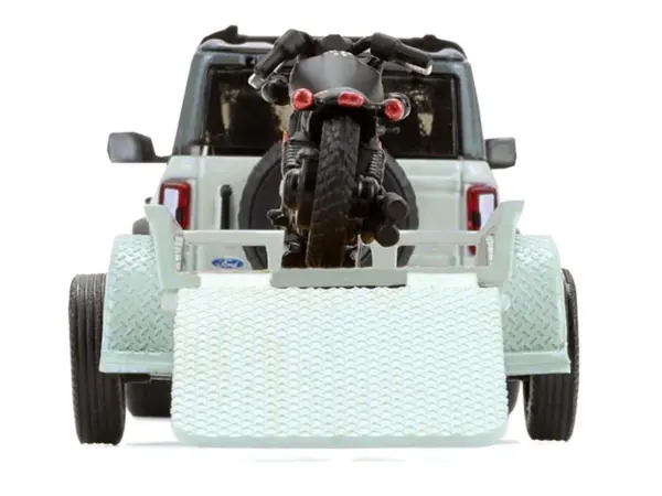 2021 Ford Bronco 4-Door Badlands Cactus Gray with Black Top and Motorcycle with Utility Trailer "Hitch & Tow" Series 33 1/64 Diecast Model Cars by Greenlight #5