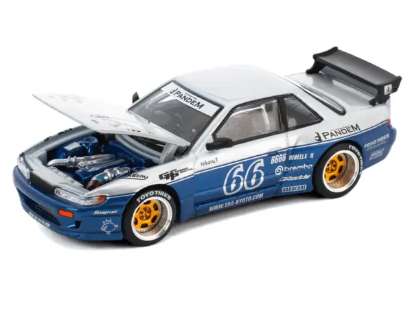 Pandem S13 RHD (Right Hand Drive) Silver and Moontech Blue Metallic with Graphics 1/64 Diecast Model Car by Pop Race #2