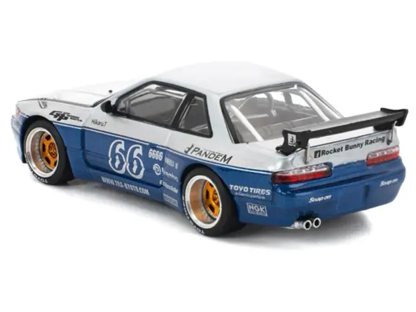Pandem S13 RHD (Right Hand Drive) Silver and Moontech Blue Metallic with Graphics 1/64 Diecast Model Car by Pop Race #5