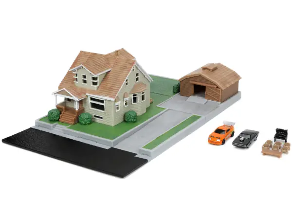 Toretto House Diorama with Dodge Charger Black and Toyota Supra Orange with Graphics "Fast and Furious" "Nano Scene" Series Models by Jada #2
