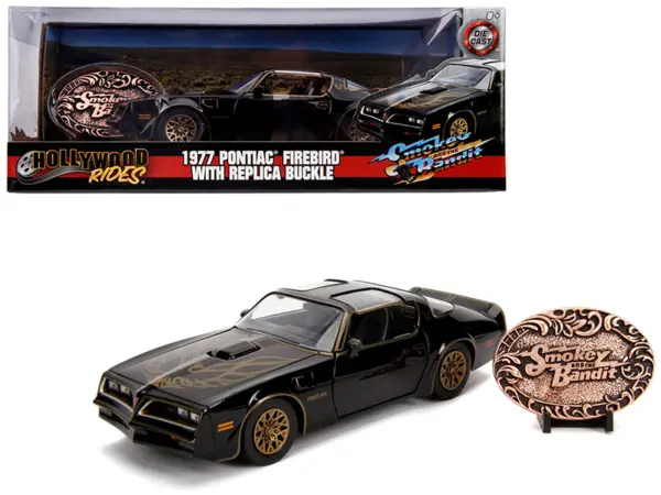 1977 Pontiac Firebird Trans Am Black with Replica Buckle "Smokey and the Bandit" (1977) Movie "Hollywood Rides" Series 1/24 Diecast Model Car by Jada #1